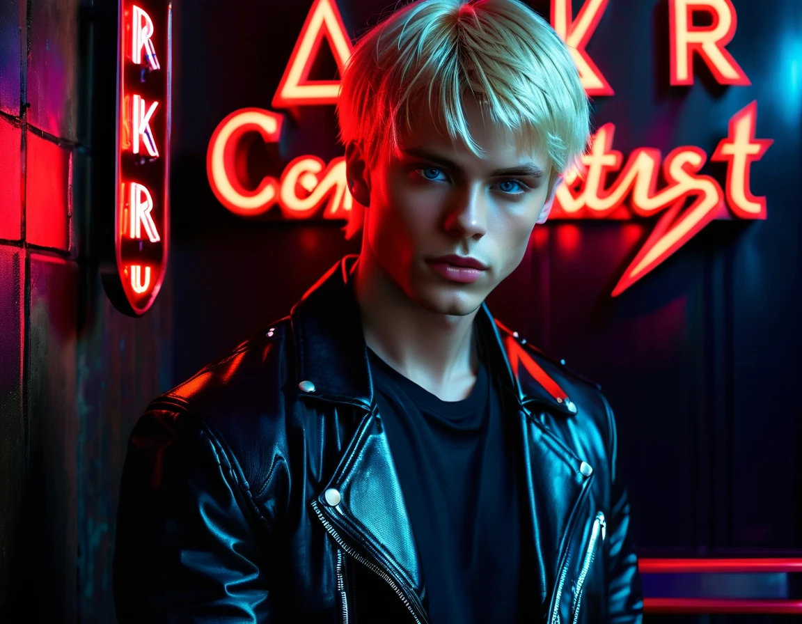 Hyper realistic, dark vibes, solo, young male model, round face, 22 years, pale skin, blue eyes, (short cropped textured blond hair:1.1), tussled side swept fringe, black leather jacket, (holding knife:1.1), dark lighting, in luxury night club room, (smirk:1.1), (red neon sign in background that says "CONTEXT":1.1)