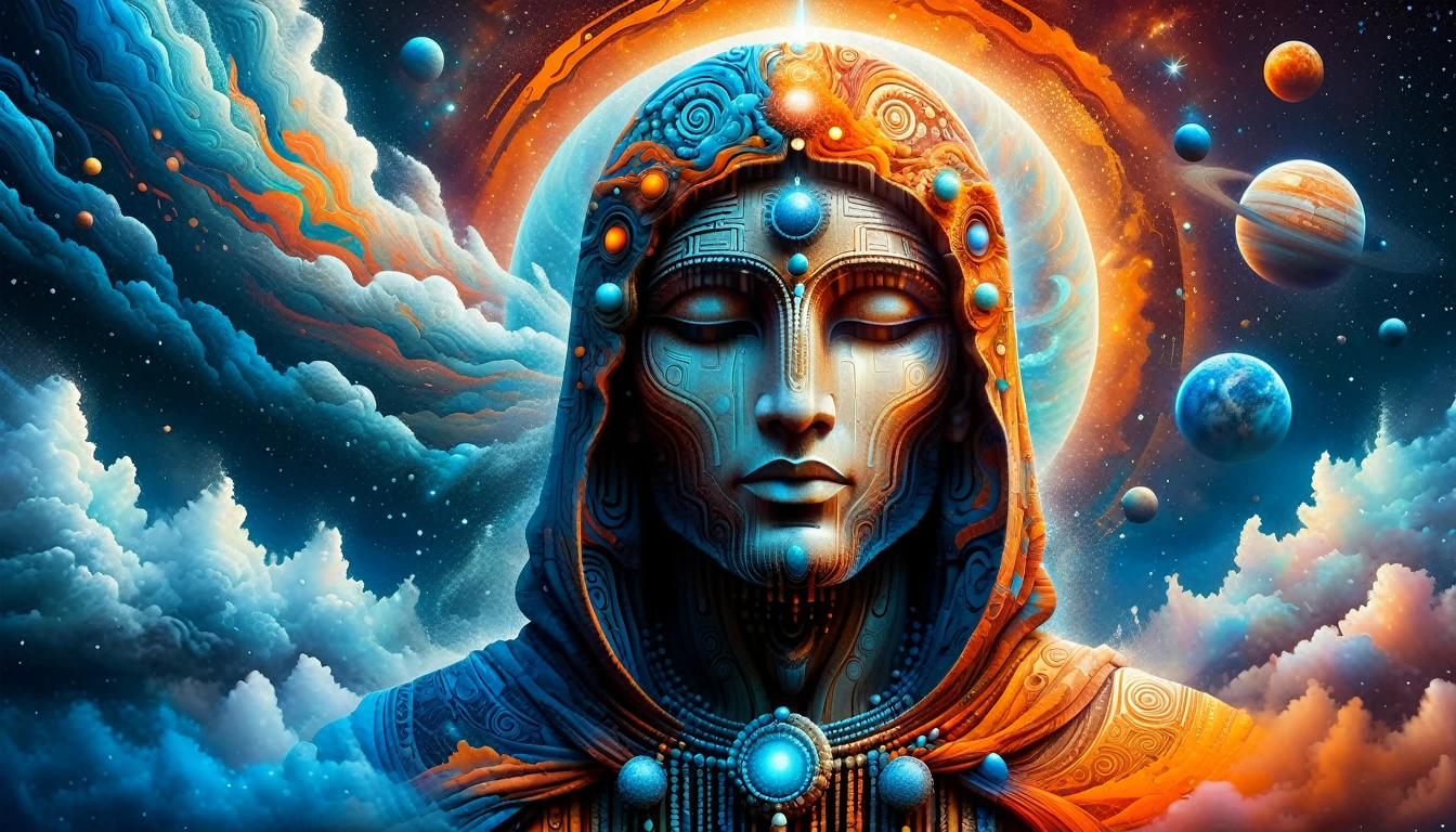 Create a woodcut style image digital art surreal art that depicts a mystical figure with divine characteristics, the figure is one chosen by the gods of spirituality,the figure is shrouded in clouds looking at the planets and ancestral signs, Use a vibrant color palette, including blue, oranges and whites, to create heavenly contrast and a stunning visual effect