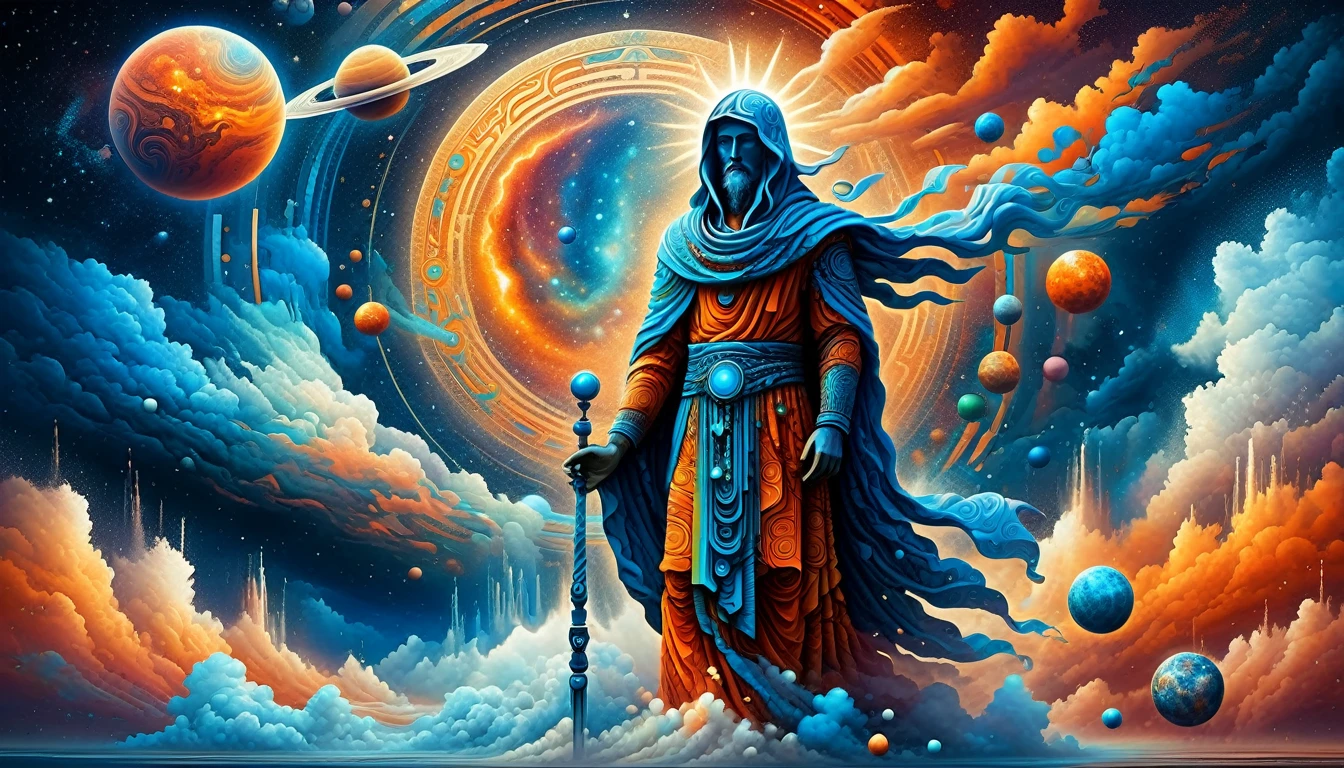 Create a woodcut style image digital art surreal art that depicts a mystical figure with divine characteristics, the figure is one chosen by the gods of spirituality,the figure is shrouded in clouds looking at the planets and ancestral signs, Use a vibrant color palette, including blue, oranges and whites, to create heavenly contrast and a stunning visual effect