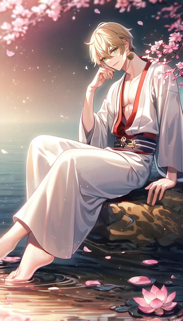 (absurd, highres, ultra detailed, HDR), masterpiece, best quality, perfect face, fine features, bright green eyes, solo, male, handsome, Taishakuten, ash blonde hair, hair between eyes, white tunic, chest, lotus earrings, onmyoji , pink petals, pink butterflies, sitting on the shore of a lake, looking at the water, full body image, perfect ???????, athletic,