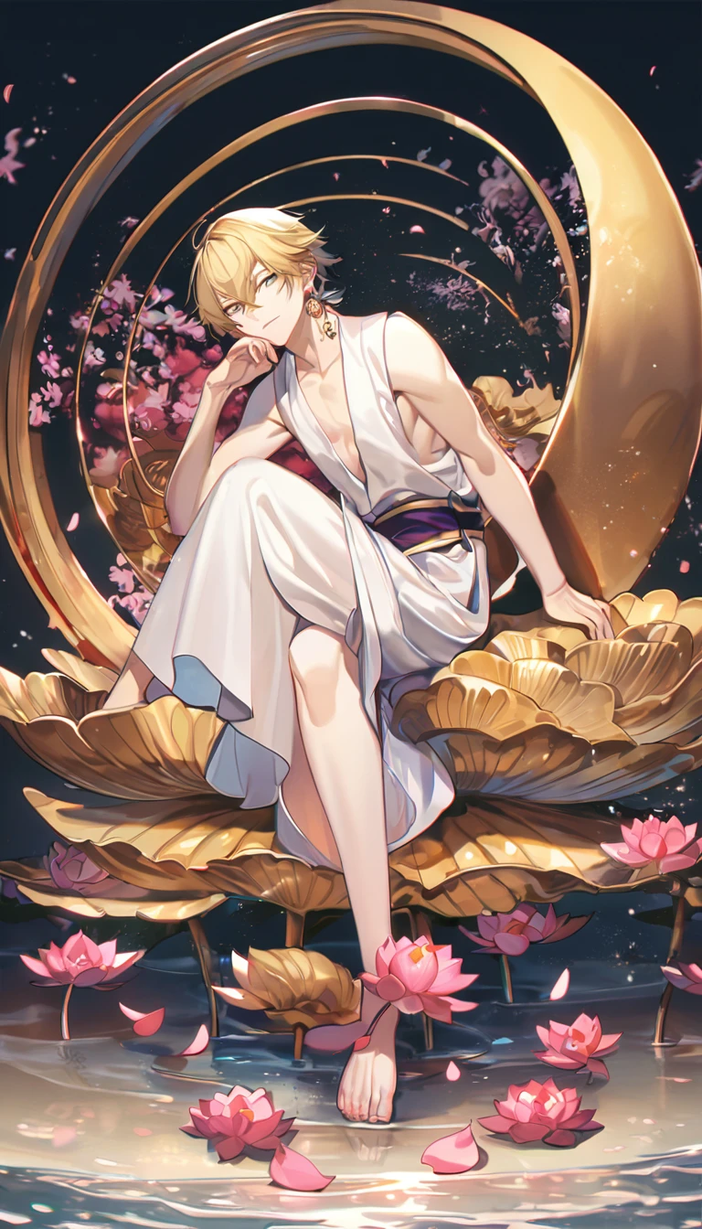 (absurd, highres, ultra detailed, HDR), masterpiece, best quality, perfect face, fine features, bright green eyes, solo, male, handsome, Taishakuten, ash blonde hair, hair between eyes, white tunic, chest, lotus earrings, onmyoji , pink petals, pink butterflies, sitting on the shore of a lake, looking at the water, full body image, perfect anatomy, athletic,