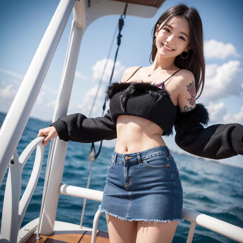 young girl of 32 years, very thin, smiling, Posing, tattoo, denim skirt, ruffled pleated mini skirt, tight open back top, multi color top, on the sea trip, standing, summer day, black fur, Maximum quality, ultra realism, 8k, maximum detail, maximum resolution,     