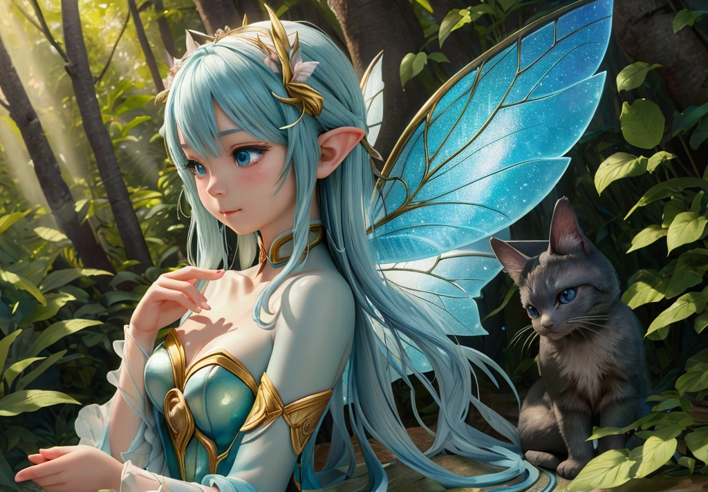 Absurd、4K、Full HD、masterpiece、Highest quality、Super detailed、beautiful、Extremely detailed、Fairy Girl、、happiness、Lean on、In the woods、Photorealistic、Hyper-realistic photography、3D Rendering、 3D Model、Concept Art、Main artwork、Medium Shot、dappled sunlight、Dramatic lighting、beautiful顔の描写 ,(Exquisite costume details: 1.3),Mysterious Forest,Magical light particles,10 years old,, (Natural skin texture:1.2), (Hyperrealism:1.2),Fairy Wings,Relaxing by the spring,Petting a cat-like fantasy creature