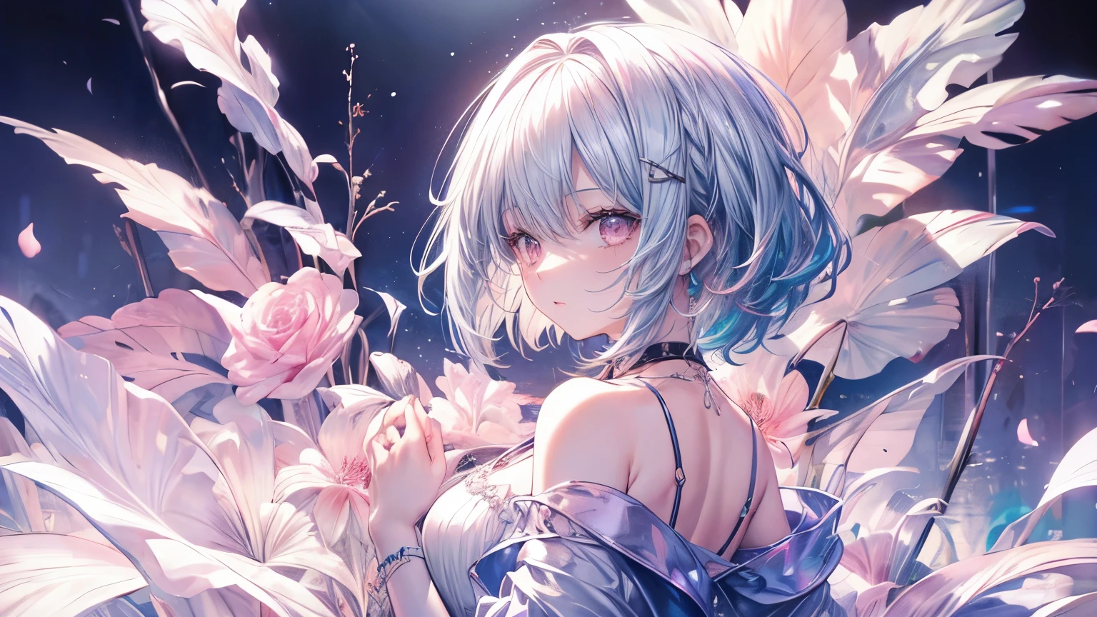 8k wallpaper,tmasterpiece,cinmatic lighting,top Quority,illustratio,Dramatic angles,((a color:1.1)),((Colored inner hair:1.4)), 1girll, solo, long whitr hair, SakuraNS, Pink eyes, Cross necklace, parted lip, a white choker, liquid hair, Pink gray hair, By bangs, By bangs, From the side Side, contours, The upper part of the body, blue hairs, simple backgound, pink back ground, exposed bare shoulders, sportrait, looking at viewert, white dresses, hairsbetweeneyes, colorfulhair, white backgrounid,jewely