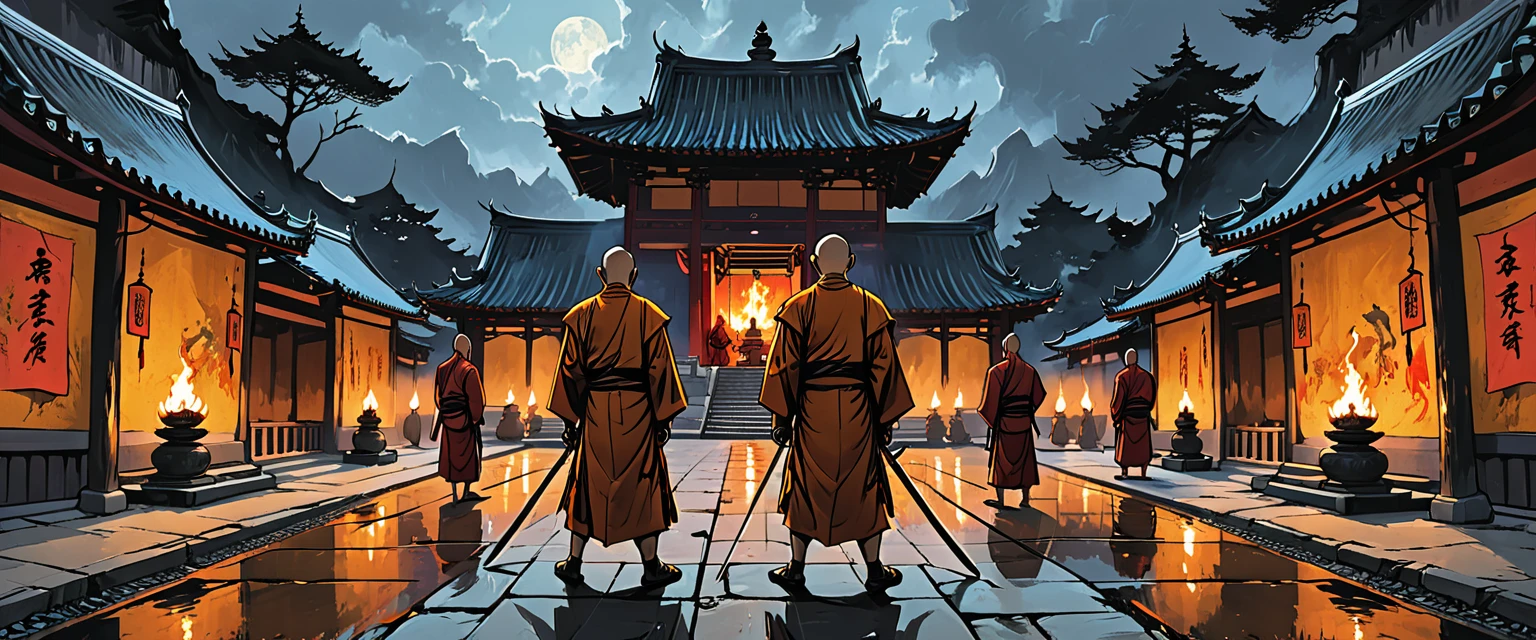 (graphic novel style, dark novel style, comic style, 2d:1.5), (hyperrealism, masterpiece:1.4), (colourful, soft cinematic light:1.1), incredibly lifelike, Extremely high-resolution details, 8k,
Many monks with stakes surrounded, Buddhist monks with stakes, in the courtyard of a Buddhist temple, outside, ((night)), Angry monks in kashaya,weapons in hands, spears, swords, fire, fight,