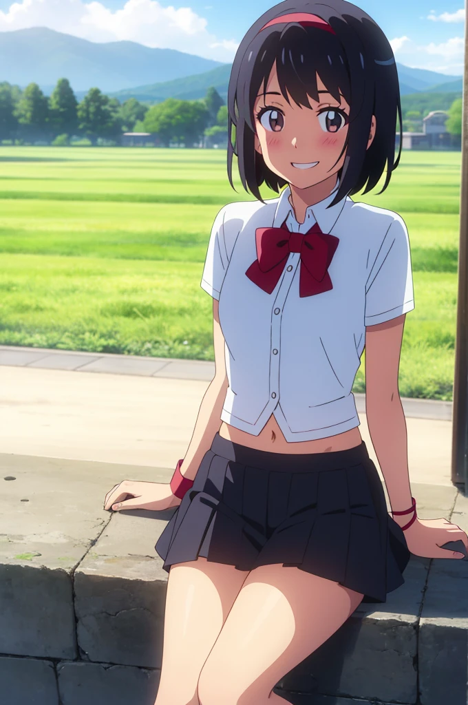 shinkai makoto, kimi no na wa., 1girl, bangs, black hair, blush, expressive eyes, brown eyes, perfect face, looking at the viewer, school outfit, white collared shirt, exposed navel, red headband, red ribbon, red bow, bare shoulders, black skirt, short hair, solo, outdoors, shinny skin, smile, cute, grin, cloudy, blue sky, mountains, rocks, sitting, (masterpiece), best quality