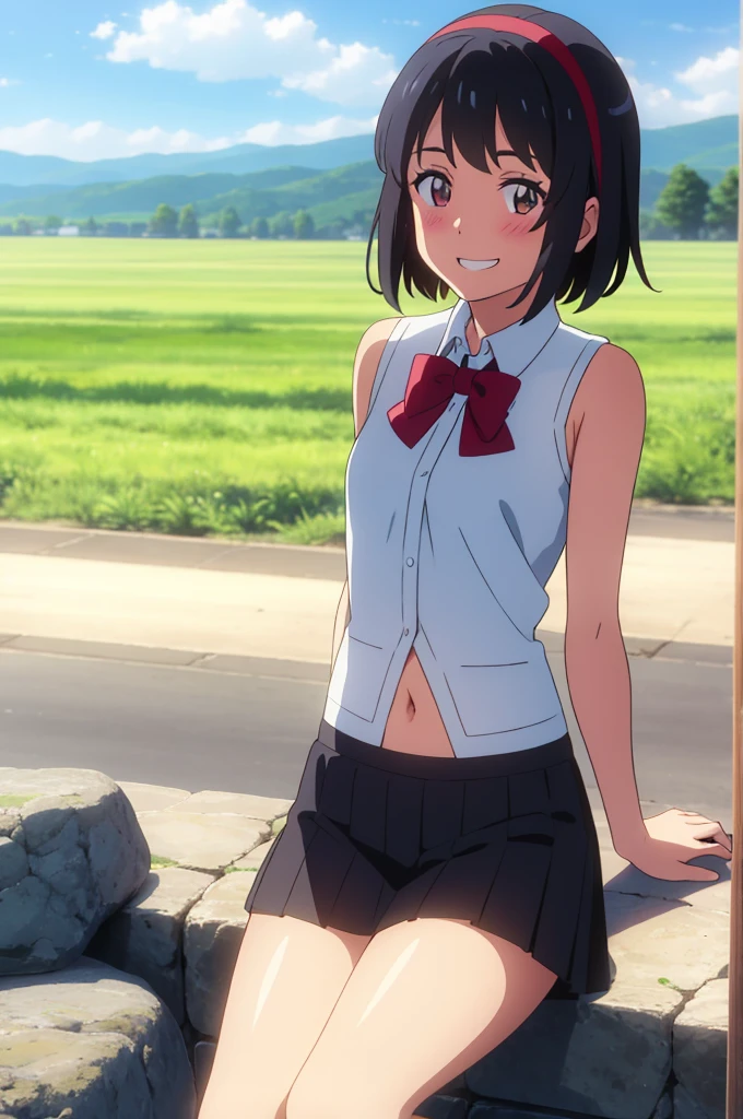 shinkai makoto, kimi no na wa., 1girl, bangs, black hair, blush, expressive eyes, brown eyes, perfect face, looking at the viewer, white shirt, exposed navel, bare shoulders, red headband, red bow, black skirt, short hair, solo, outdoors, shinny skin, smile, cute, grin, cloudy, blue sky, mountains, rocks, sitting, (masterpiece), best quality