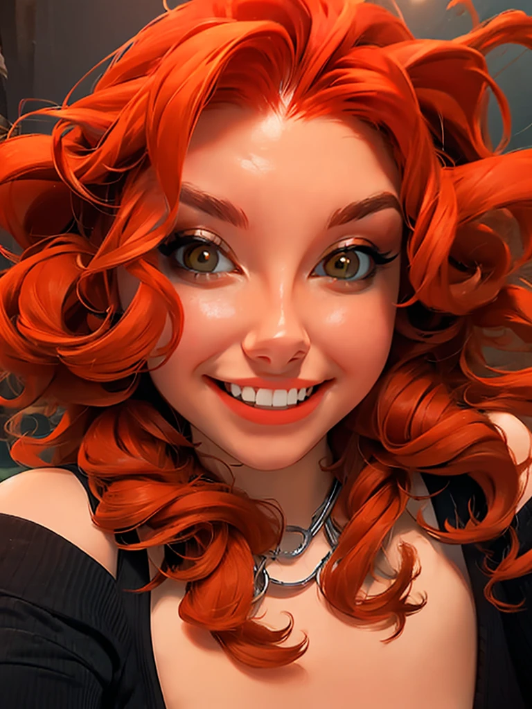 a close up of a woman with red hair and a bra top, a portrait by Joe Bowler, reddit, digital art, amouranth, better known as amouranth, amouranth as a super villain, young beautiful amouranth, ginger wavy hair, long wavy orange hair, orange glowing hair, orange skin and long fiery hair, flowing ginger hair
