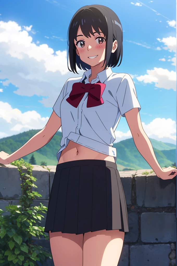 shinkai makoto, kimi no na wa., 1girl, bangs, black hair, blush, expressive eyes, brown eyes, perfect face, looking at the viewer, white shirt, exposed navel, bare shoulders, red headband, red bow, black skirt, short hair, solo, outdoors, shinny skin, smile, cute, grin, cloudy, blue sky, mountains, rocks, standing, (masterpiece), best quality