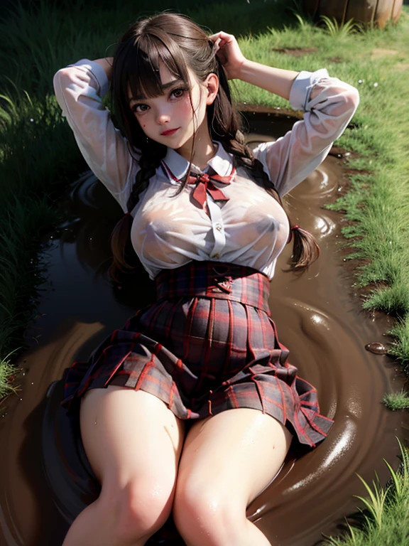 (Masterpiece, best quality:1.2), , look at viewer , school girl wet white clothes, Soaking wet, dripping wet, Wet hair, Wet skin, translucent, Glittering with oil, fully dressed, Wet muddy field, dripping with mud, Arms full of mud, mud hair, lying in the mud, submerged, Covered all over, A face full of mud , dark red skirt , plaid skirt , pleated skirt , The shirt is tight. , white shirt , school girl , red knot , red bow , school , The skirt is next to the chest. , big breasts , big tits , ((ultra detailed, masterpiece, absurdres)) DOALeiFang, 1girl, brown hair, brown eyes, twin braids, hair rings, portrait ,