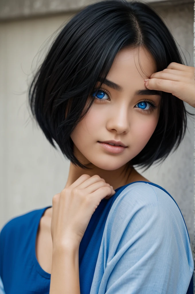 Black haired girl with blue eyes