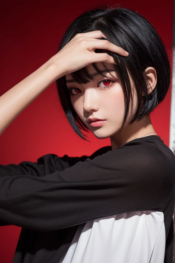 Black hair, random short hair, red eyes