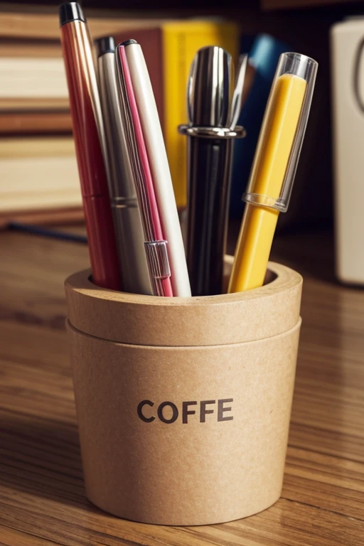 Make a cup-shaped pen holder to be used in the office in a vintage style, being biodegradable and suitable for vegans 