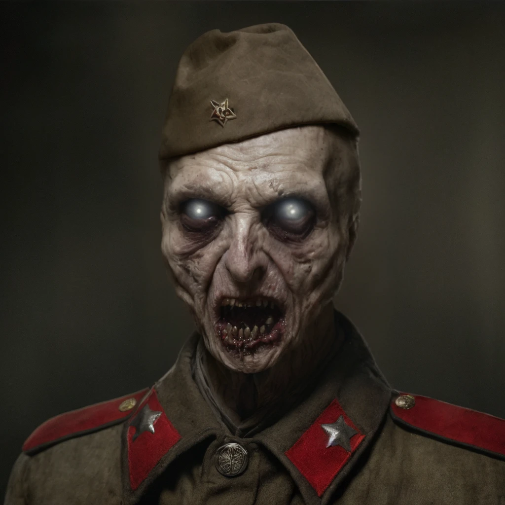 Prompt: (masterpiece)+, (extremely (realistic)+,a portrait of an extremely ugly undead dry ghoul. Mummy. Dressed in WW2 soviet uniform, Crazed Berserker stare. Front photo. Looking in camera. volumetrics dtx, Photorealistic, ultra detailed, Artstation trending, very very detailed, realistic shaded lighting, dynamic shadows, detailed Fog of war background, upper body, professional photograph of a detailed skin, sharp focus, dramatic, award winning, cinematic lighting, octane render, unreal engine, volumetrics dtx, Photorealistic, ultra detailed, Artstation trending, very very detailed, hyperrealistic, fine details, realistic shaded lighting, dynamic shadows, Fog of war background, add_detail:1, skin pores and wrinkles, details.,More Reasonable Details