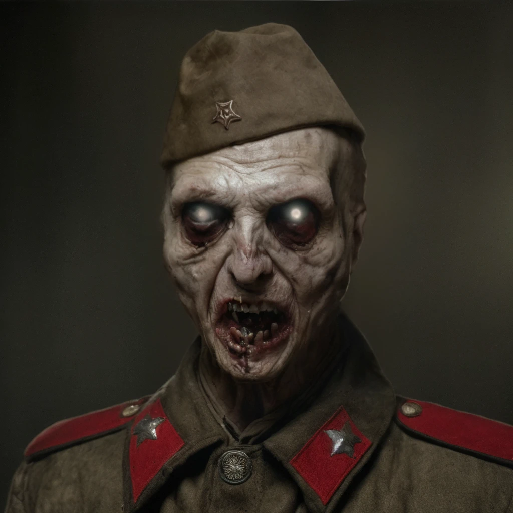 Prompt: (masterpiece)+, (extremely (realistic)+,a portrait of an extremely ugly undead dry ghoul. Mummy. Dressed in WW2 soviet uniform, Crazed Berserker stare. Front photo. Looking in camera. volumetrics dtx, Photorealistic, ultra detailed, Artstation trending, very very detailed, realistic shaded lighting, dynamic shadows, detailed  Fog of war background, upper body, professional photograph of a detailed skin, sharp focus, dramatic, award winning, cinematic lighting, octane render, unreal engine, volumetrics dtx, Photorealistic, ultra detailed, Artstation trending, very very detailed, hyperrealistic, fine details, realistic shaded lighting, dynamic shadows, Fog of war background, add_detail:1, skin pores and wrinkles, details.,More Reasonable Details