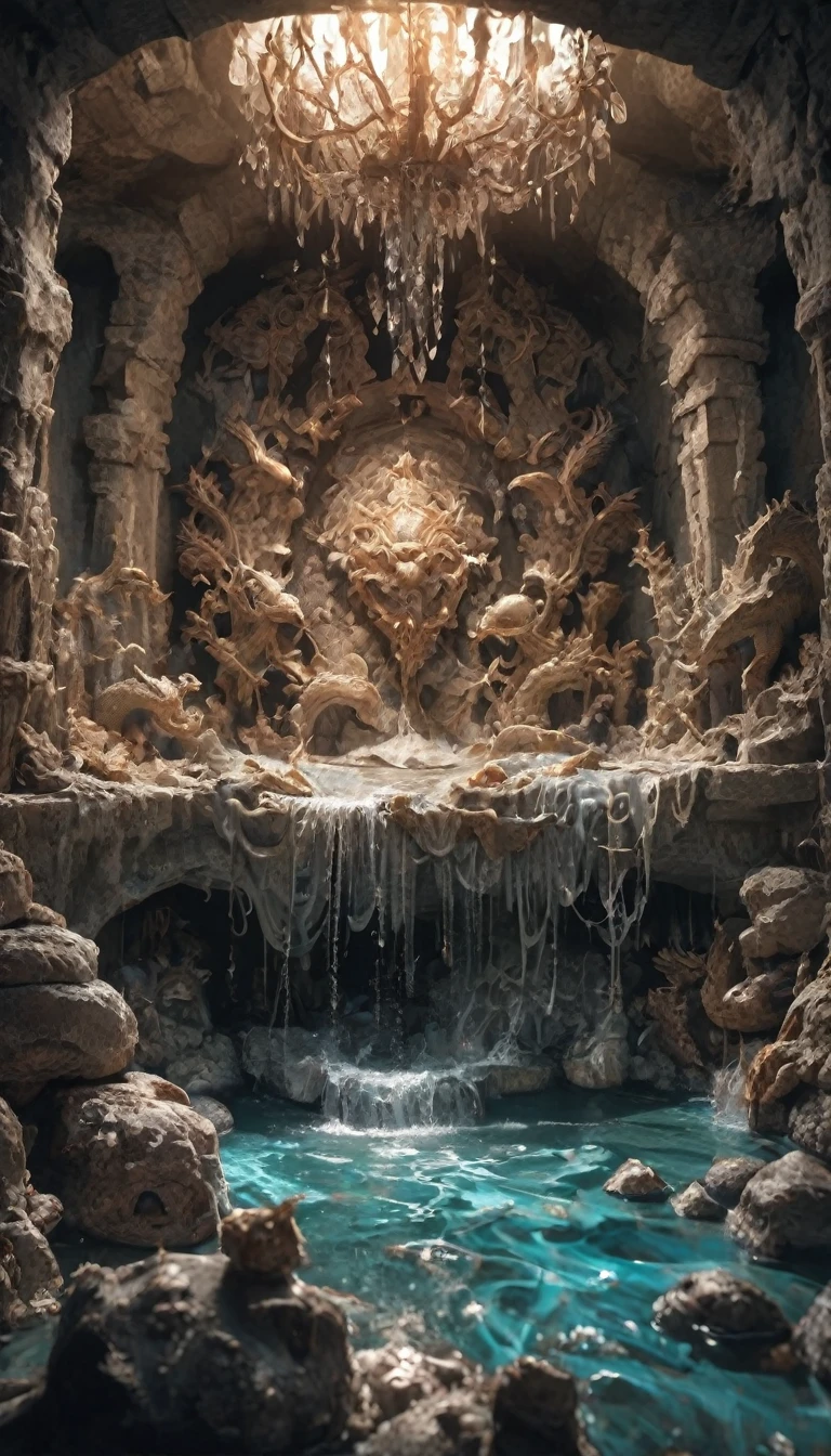 Grotto Room,(((Full of crystals)))Dragons,Water flow,The light is very dark,Magik(((Horror atmosphere)))(((masterpiece))), ((best quality)), ((Intricate detailing)), ((surrealism))(8K)