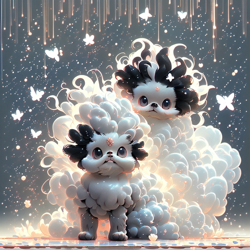 A tiny solid black Shih Tzu puppy covered in shampoo bubbles。A slightly confused look、The key point is the expression of comfort with eyes closed.。
