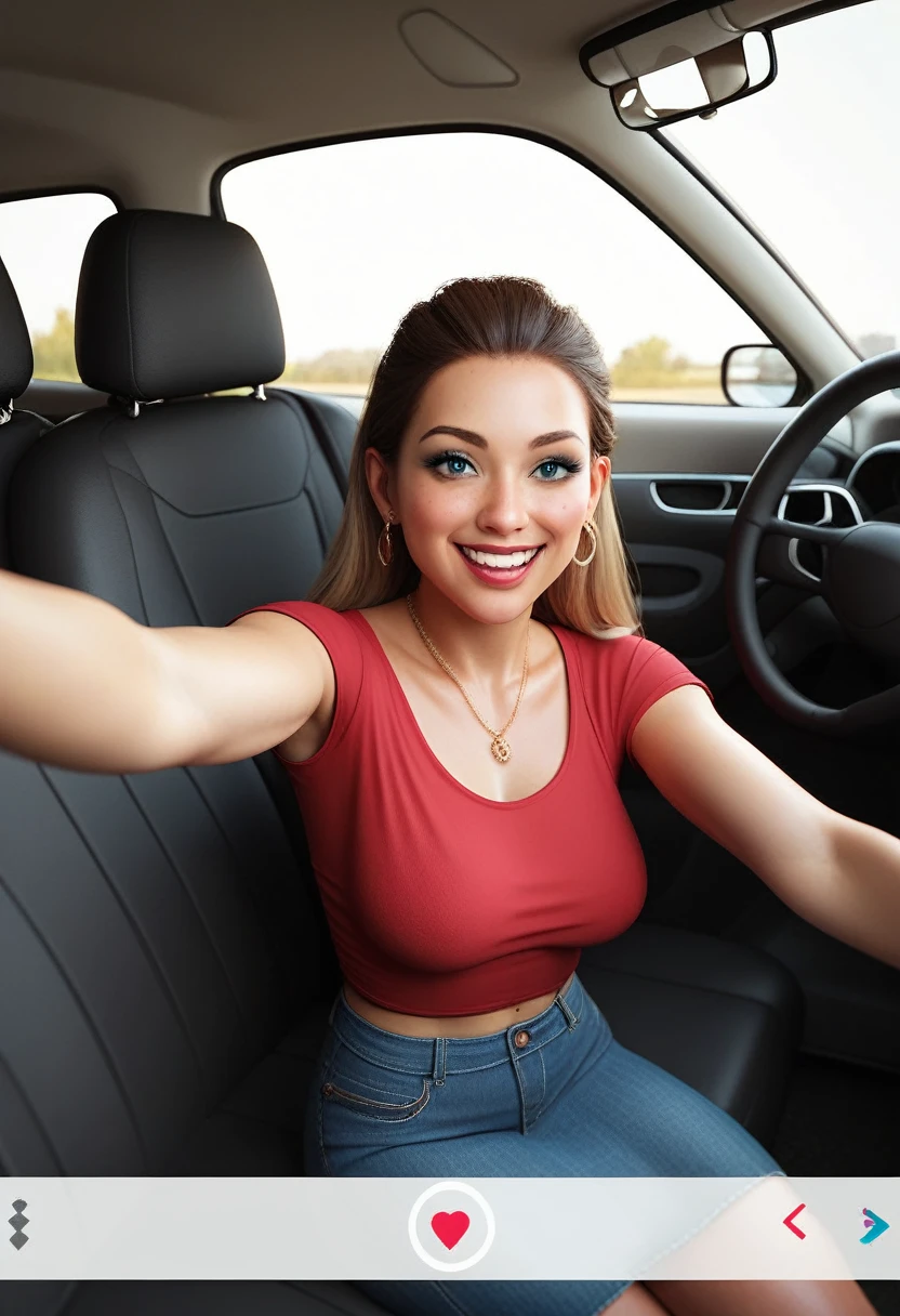 Selfie of a 21-year-old girl in a flirty and cute dress with an 85-year-old man, They are both inside a truck., They are inside a luxury car.., background inside a car, he is very ugly, selfie inside the car