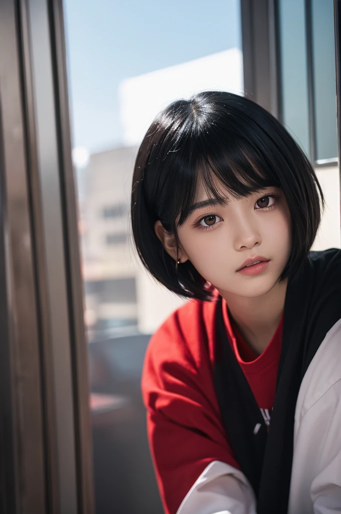 Black hair, boyish short cut, red eyes