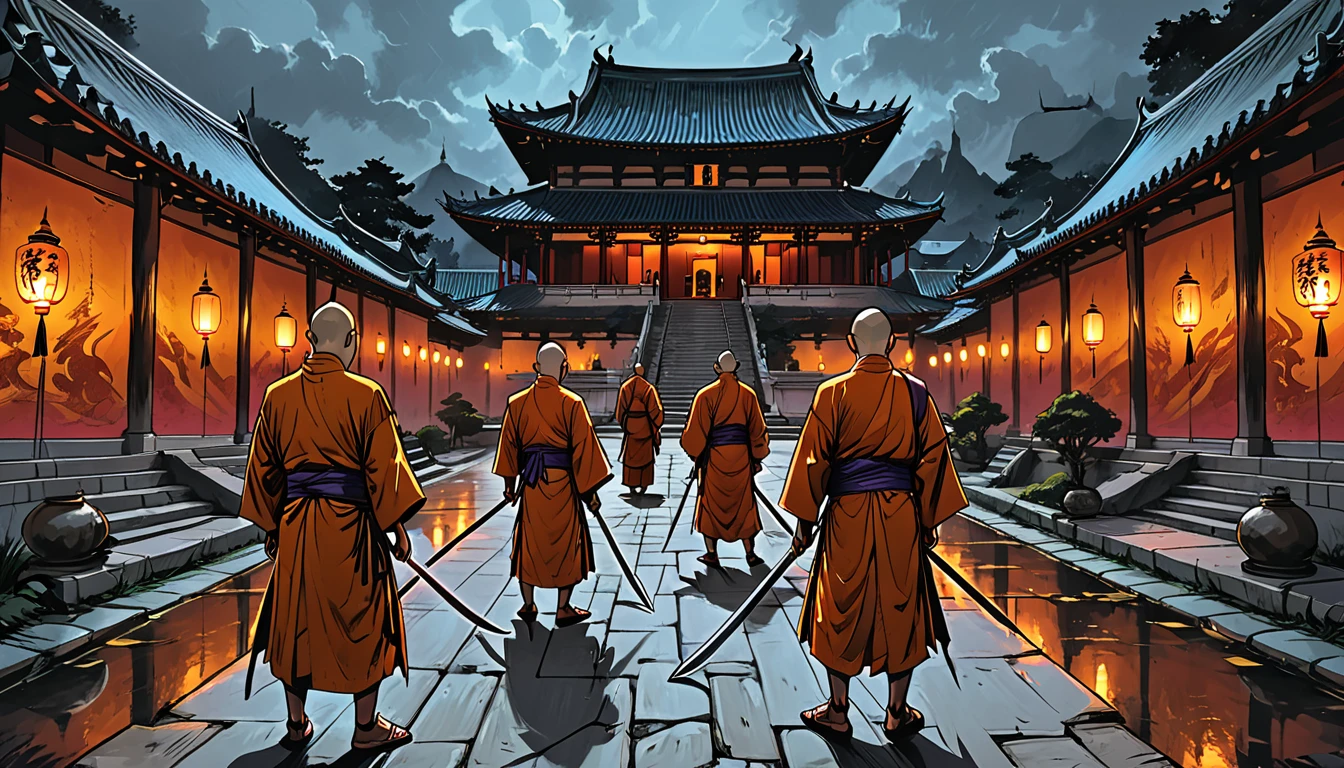  (graphic novel style, dark novel style, comic style, 2d:1.5), (hyperrealism, masterpiece:1.4), (colourful, soft cinematic light:1.1), incredibly lifelike, Extremely high-resolution details, 8k, 
Many monks with stakes surrounded, Buddhist monks with stakes, in the courtyard of a Buddhist temple, outside, ((night)), Angry monks in kashaya,weapons in hands, spears, swords, fire, fight, 