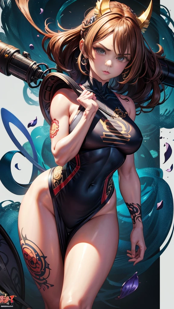 A beautiful female character in toh-yasu drawing style, comix style joe madureira, anime style, body with futuristic tribal tattoo style designs in dragon shape, serious face and ultra detailed artwork, graffiti style destroyed city scenery with camera focus, beautiful and clear background, corpo inteiro perfeito, silhueta esbelta, coxas grossas, voluptuoso, agitado, Thick curvilinear, roupas puffer power, Grafite 3D, abstrair, Linhas, background circles, joe madureira comix illustration style, Estilo Tatoon, Comic book style, Camila Bernal mulher bonita com cabelo longo ultra detalhado, beautiful woman, detailed eyes and detailed face, t-shirt or dress, extremely detailed, ultra-detailed, best shadow, bare shoulders, flowers and petals, white background, illustration, extremely fine and beautiful girl, perfect details