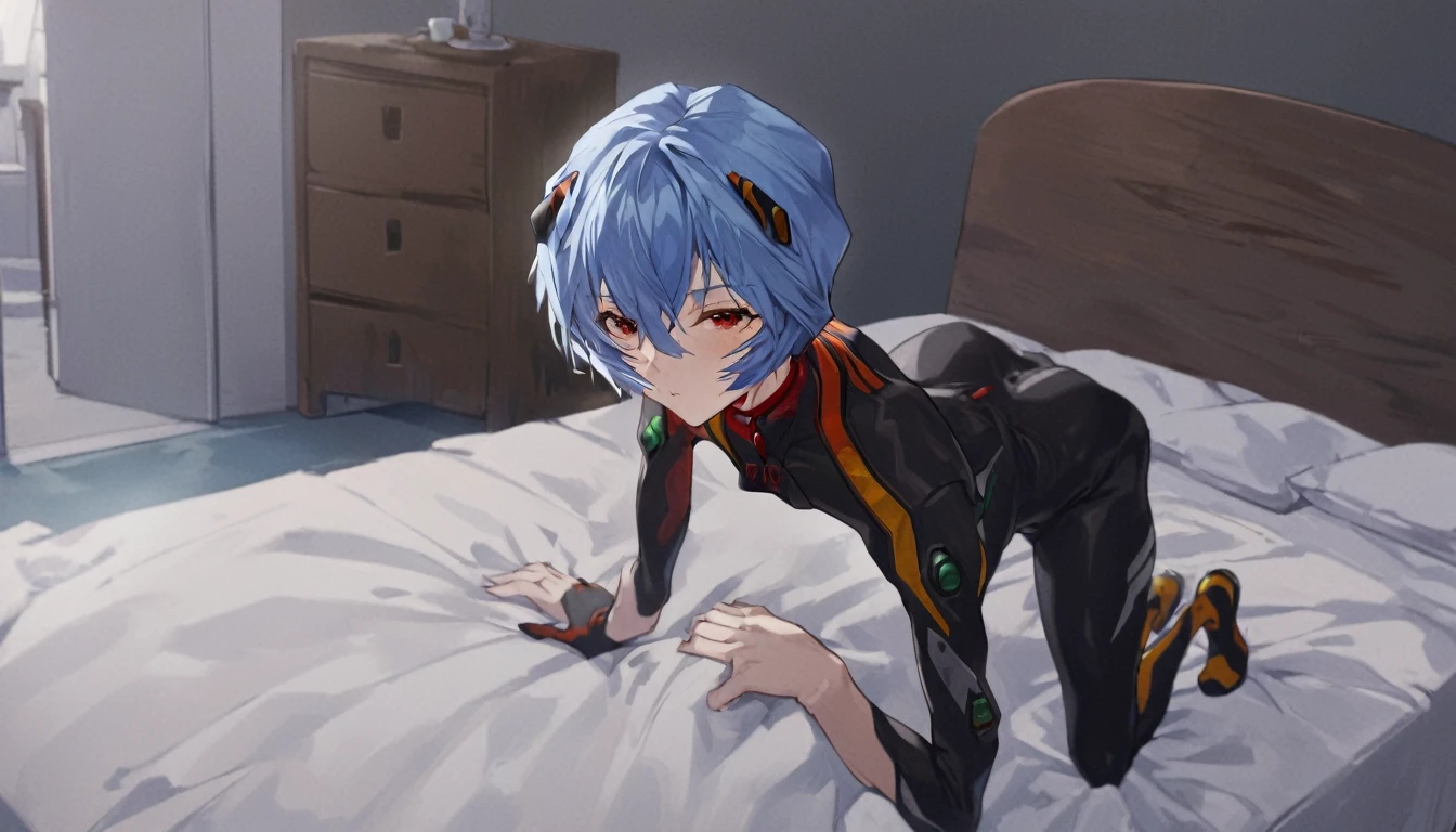One girl, whole body, Ayanami Rei, alone, Red eyes, short hair, black plugsuit, Small breasts, pregnant, Hair between the eyes, View your viewers, Blue Hair, rut, Mouth closed, bangs, on all fours, From the back, bedroom, medium quality, (Perfect hands, Perfect Anatomy),

