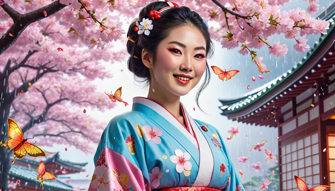 A whimsical, hyper-realistic scene featuring a devilishly charming Japanese nurse with an impish grin, adorned in a traditional kimono infused with modern medical accessories. She stands in an enchanting, dreamlike hospital setting filled with floating cherry blossoms and glimmering coins cascading down like rain. The background is a blend of vibrant neon colors and soft pastels, reminiscent of a Hokusai print, while ethereal light creates a mystical aura around her. The nurse's eyes twinkle with mischief, as she playfully counts her abundance of gold and colorful banknotes, surrounded by mythical creatures curiously watching the spectacle. The overall composition should evoke a blend of fantasy and prosperity, capturing the essence of both traditional Japanese art and contemporary realism.