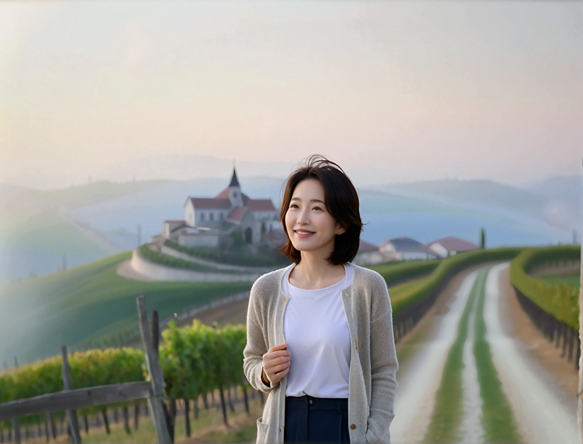 8k best picture quality, Beautiful 36-year-old Korean woman, Chest size 34 inches, northern italy countryside dawn, View of the cathedral next to the vineyards, The back background is realistic and vivid quality., Short hair, High-end luxury brand white shirt and cardigan, Wear casual pants, Smile slightly. the background is clear, It is spring, when grapes have not yet ripened. Standing on a hill on a curved path overlooking a vineyard covered in thick fog, Clear picture quality, Wear high-end luxury brand sunglasses, sunglasses with clear lines, Spring landscape without grapes, Well-groomed hair, Pretty and beautiful like a model, wearing a short cardigan. Well-groomed hair, Dress modestly