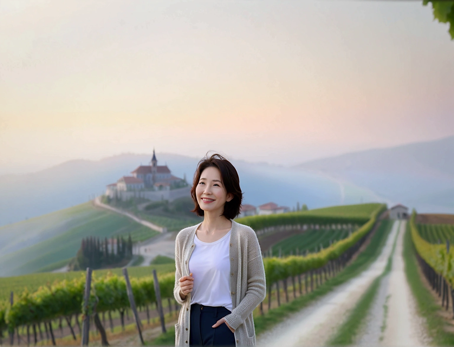 8k best picture quality, Beautiful 36-year-old Korean woman, Chest size 34 inches, northern italy countryside dawn, View of the cathedral next to the vineyards, The back background is realistic and vivid quality., Short hair, High-end luxury brand white shirt and cardigan, Wear casual pants, Smile slightly. the background is clear, It is spring, when grapes have not yet ripened. Standing on a hill on a curved path overlooking a vineyard covered in thick fog, Clear picture quality, Wear high-end luxury brand sunglasses, sunglasses with clear lines, Spring landscape without grapes, Well-groomed hair, Pretty and beautiful like a model, wearing a short cardigan. Well-groomed hair, Dress modestly