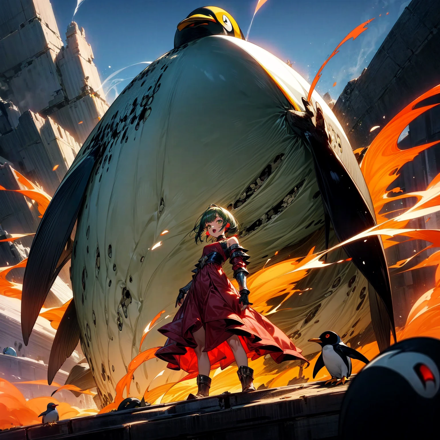 Full body version, one girl sat on his back largest one penguin, one girl has green hair, wavy bob hairstyle, green eyes, red earrings, long dress clothing style, red color clothes, Meanwhile, the penguin is very big, largest body, muscles, Metallic armor in body, wearing head armor, angry penguins, penguins destroy the city, open mouth emitting a large fire laser), (full background of destroyed city, fire, smoke effect, evening silhouette light, bright light from the penguin mouth)