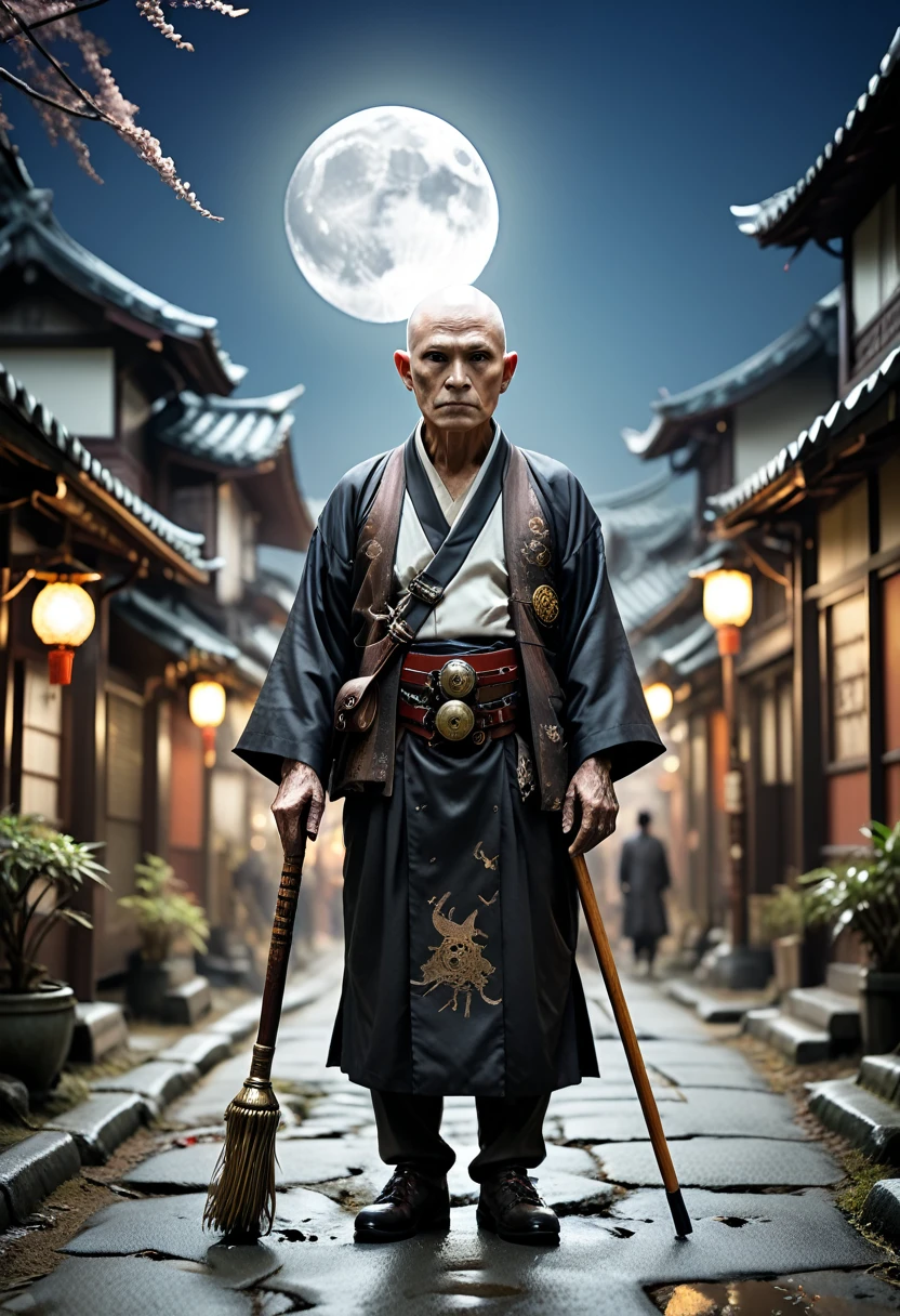 Steampunk night city、Full moon in the sky、Brilliant Light、Horror-themed movie stills,、A short, big-headed man of about 80 years old,Walk over here、 Skinhead、Have a walking stick、No horns、Head enlargement(Head size 1:9)、(Full body portrait:1.3), Nurarihyon、I'm wearing a kimono, Shallow depth of field, Vignette, Very detailed, High budget, Bokeh, CinemaScope, Sulky, amazing, nice, Film Grain, granular . Creepy, Anxious, dark, Creepyな, Suspenseful, strict, Very detailed