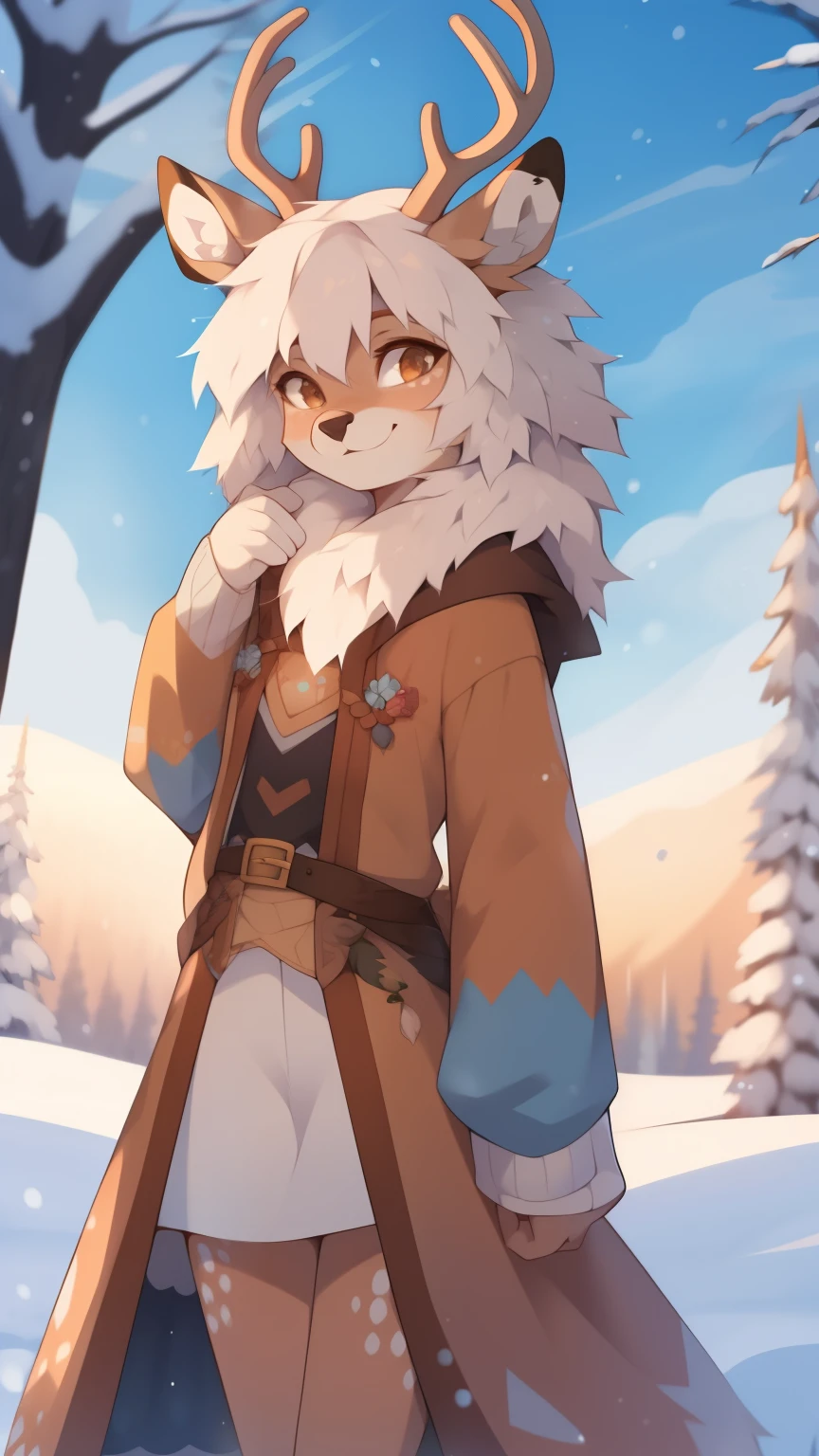 ((by reysi)), Best quality, Super detailed illustration, (fluffy deer boy:1.4) , feminine face and body, disheveled thick hair, warm clothes of the northern peoples, warm colors, decorations on clothes, smug smile, against the backdrop of a winter forest and high snow-capped mountains ,a femboy ,small waist, wide hips, slim, perfect body, DND Style