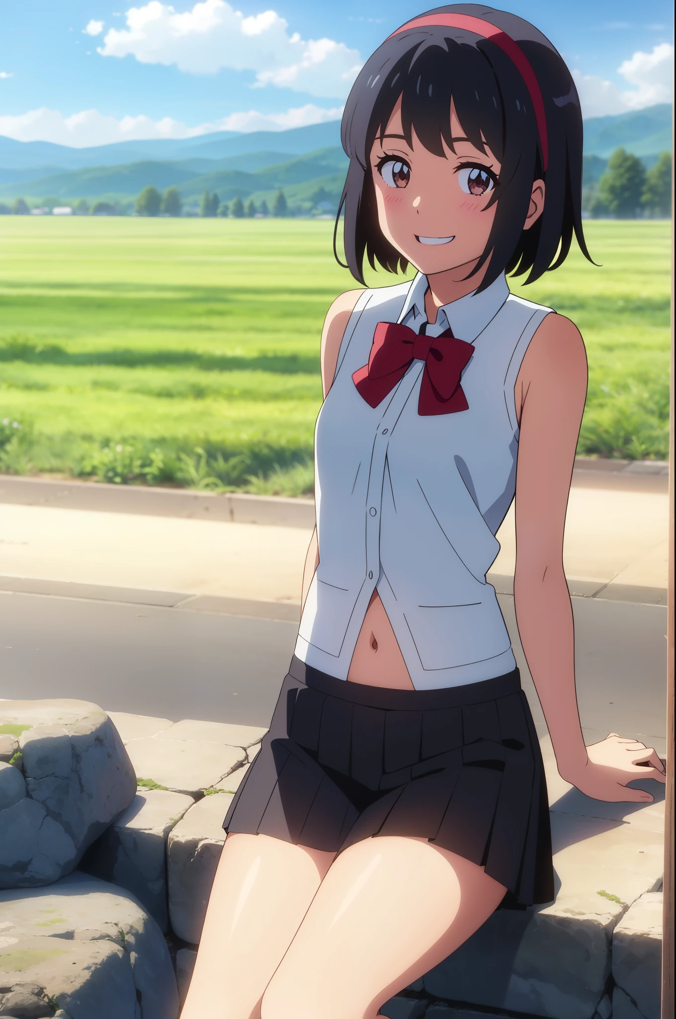 shinkai makoto, kimi no na wa., 1girl, bangs, black hair, blush, expressive eyes, brown eyes, perfect face, looking at the viewer, white shirt, exposed navel, bare shoulders, red headband, red bow, black skirt, short hair, solo, outdoors, shinny skin, smile, cute, grin, cloudy, blue sky, mountains, rocks, sitting, (masterpiece), best quality
