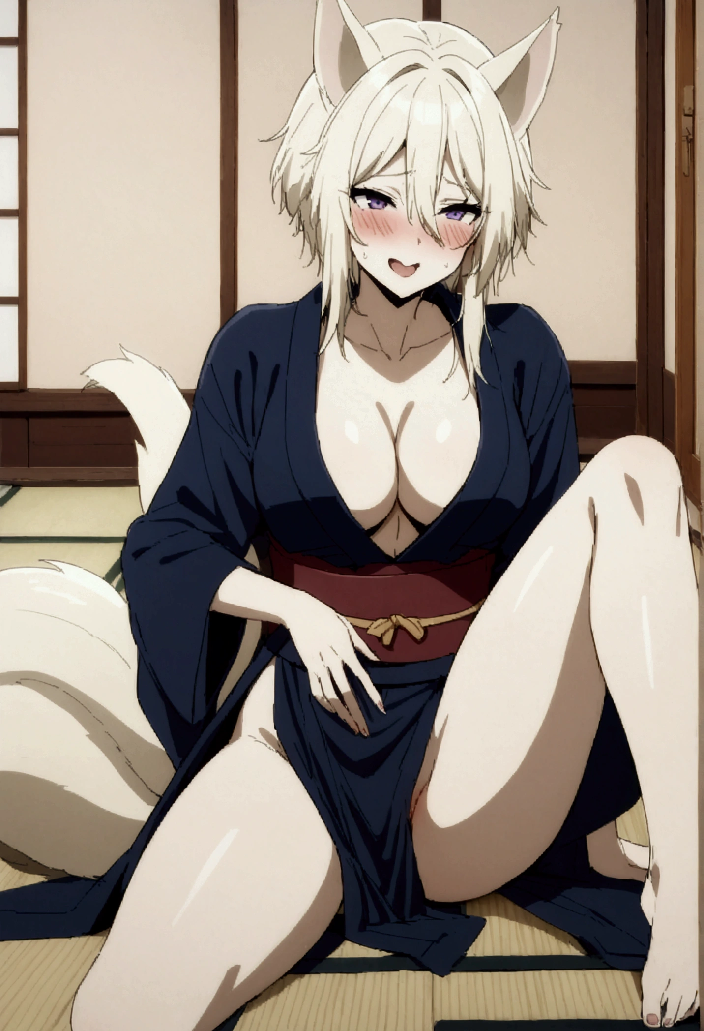 NSFW,masterpiece,Highest quality,High resolution,Very detailed,Zeta\(I want to be a powerful figure behind the scenes！\),Zeta,Animal ears、Purple Eyes,tail,Blonde,short hair,Gorgeous navy blue yukata,Cleavage,blush,Drunk,expectant face,(Ecstasy face),Intoxication,(Estrus),Luxurious Japanese-style room,inn,futon,tatami,Shoji screen,moonlight,(Masturbation),Leg spread