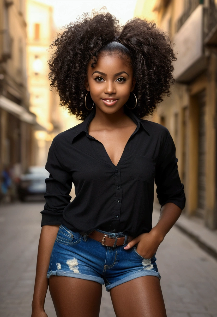 ((African dark skin, very deep ebony skin)), ((her beauty is undeniable)), ((excited cute face)), ((hyper detailed perfect eyes,)), ((cute pose)), ((tongue out)), ((seductive )), sexy, (( tight mesh shirt, sexy short shorts)), ((African long curly afro ponytail hair,)), (( skin)), ((standing, front view)), ((touching her own legs in a sexy pose)), ((outdoors, public city)), sharp focus cgi, photorealistic, high detail, realistic, masterpiece, absurdres, best quality, HDR, high quality, high-definition, extremely detailed, 8k wallpaper, intricate details, 8K uhd, Full-HD, (realistic photo:1.2), contrast, harsh lighting, cinematic lighting, natural lighting, hard light, backlighting, global illumination, ambient occlusion