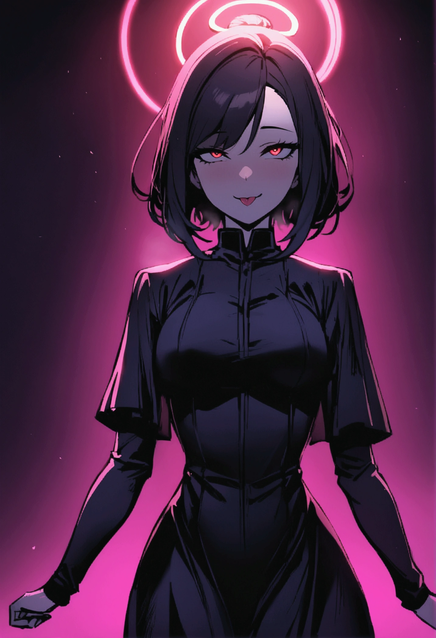 1girl, dark setting, cinematic lighting, hypnosis, mind control, arms at sides, facing viewer, [ahegao], smile, blank stare, red eyes, long black hair