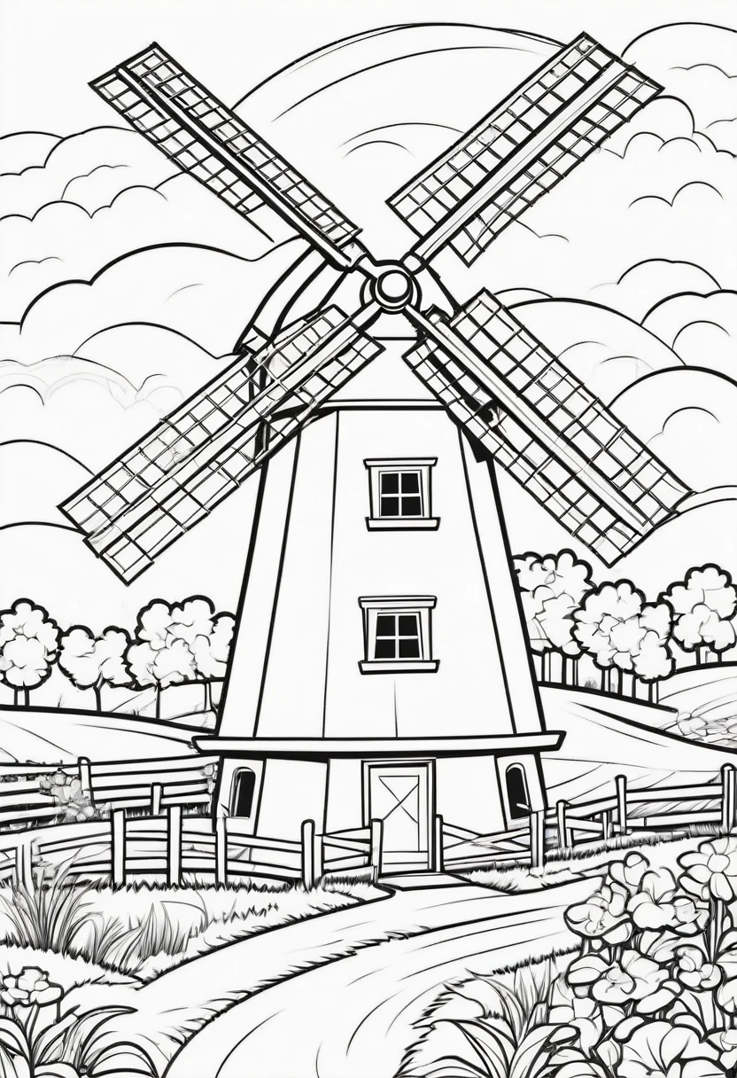 coloring page for kids, Windmill on the farm, cartoon style, thick lines