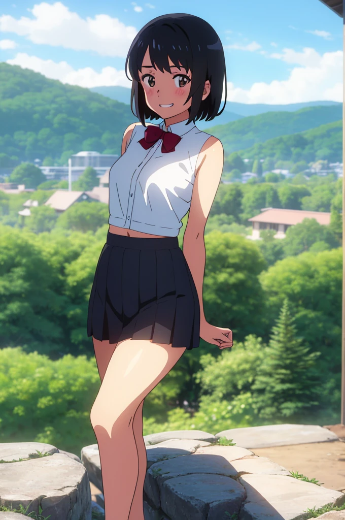 shinkai makoto, kimi no na wa., 1girl, bangs, black hair, blush, expressive eyes, brown eyes, perfect face, looking at the viewer, white shirt, exposed navel, bare shoulders, red headband, red bow, black skirt, short hair, solo, outdoors, shinny skin, smile, cute, grin, cloudy, blue sky, mountains, rocks, standing, (masterpiece), best quality