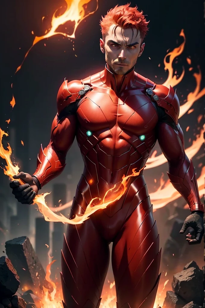 a man with glowing eyes and a red suit standing in front of a fire, incredible background, human torch, glowing red veins, radiating power, avatar image, glowing red veins, glowing bright veins, cyberpunk flame suit, 8 k very detailed ❤🔥 🔥 💀 🤖 🚀, glowing veins, dark supervillain, 1024px profile picture, fire demon
