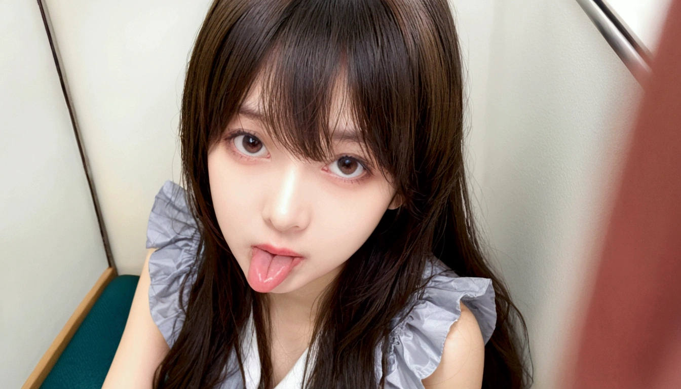 Girl, long hair, black hair, teen girl, naked, sex, fuck by a guy, 13 years old girl, full body, pervert face, squeezing her own breast, bigger breast, sticking out tongue