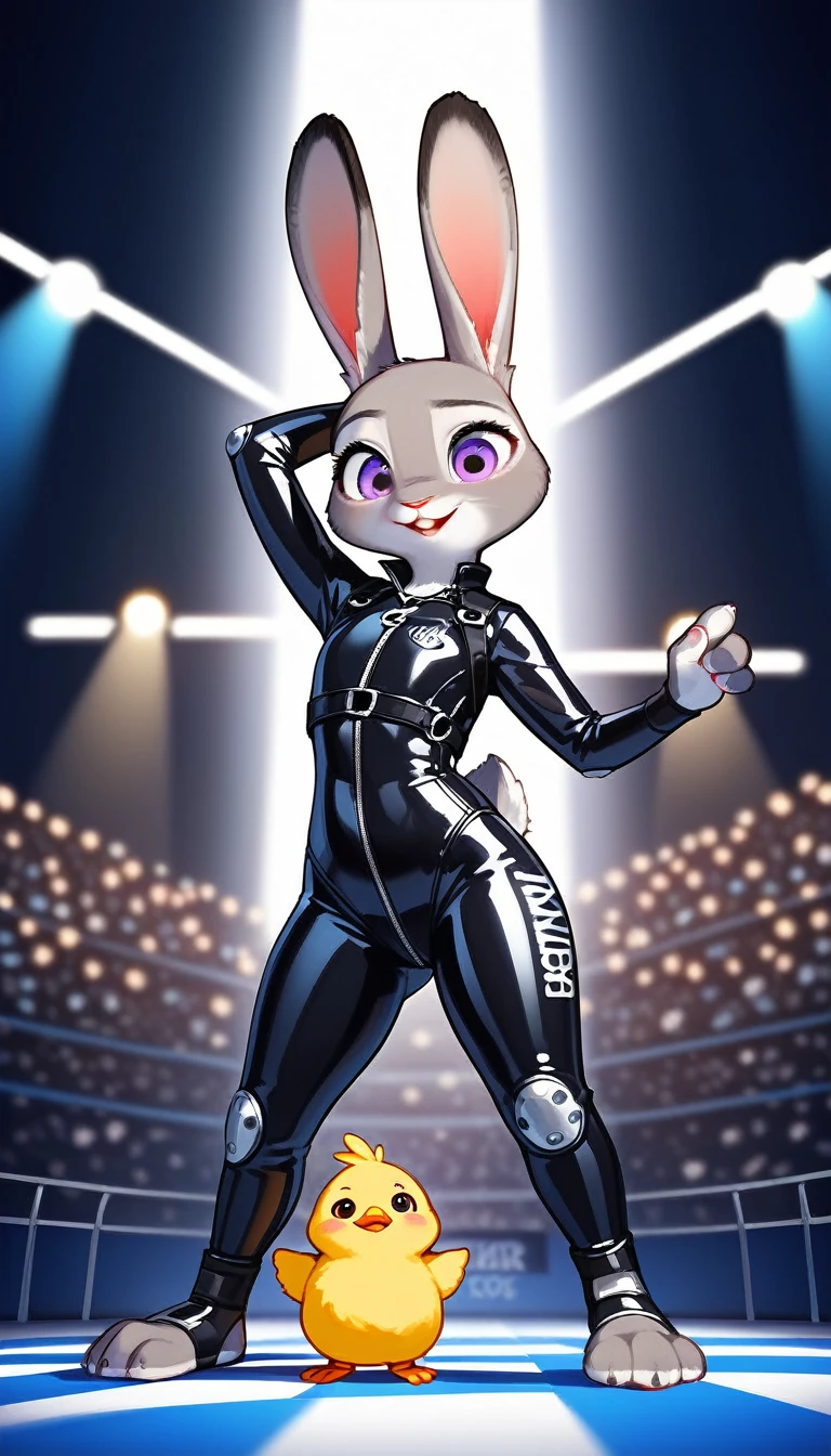 Judy hopps from Zootopia, Judy hopps,animation, Highest quality, Highest quality, High quality illustrations, masterpiece, Ultra-high resolution, Detailed Background, cyber-, Absurd, Perfect Anatomy, performance, Good lighting, Shadows in the movies(kemono, Furry PersonifiCation), rabbit, bunny, Rubber suit, latex, neon, neonライト, neonカラー, Racing Suits, Bodysuits, Harness, Leather Half Jacket,chick, Zootopia , thick body, Thick,