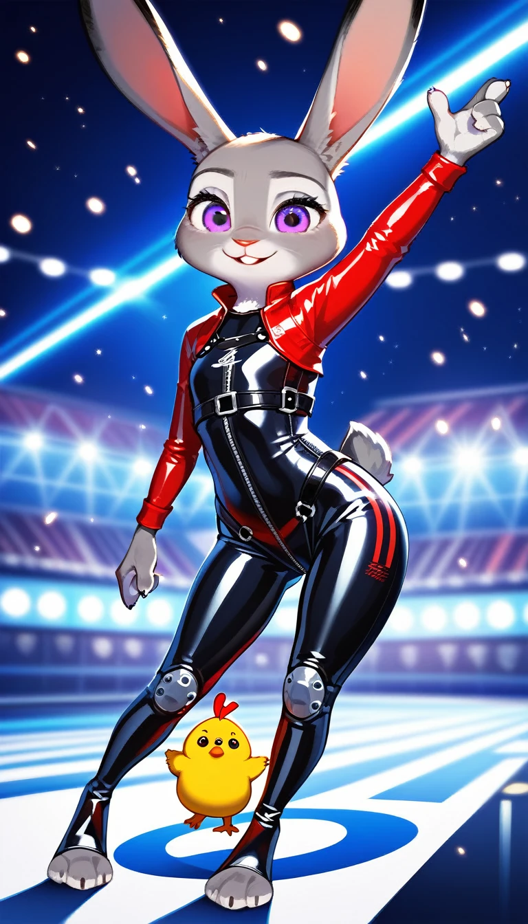 Judy hopps from Zootopia, Judy hopps,animation, Highest quality, Highest quality, High quality illustrations, masterpiece, Ultra-high resolution, Detailed Background, cyber-, Absurd, Perfect Anatomy, performance, Good lighting, Shadows in the movies(kemono, Furry PersonifiCation), rabbit, bunny, Rubber suit, latex, neon, neonライト, neonカラー, Racing Suits, Bodysuits, Harness, Leather Half Jacket,chick, Zootopia , thick body, Thick,