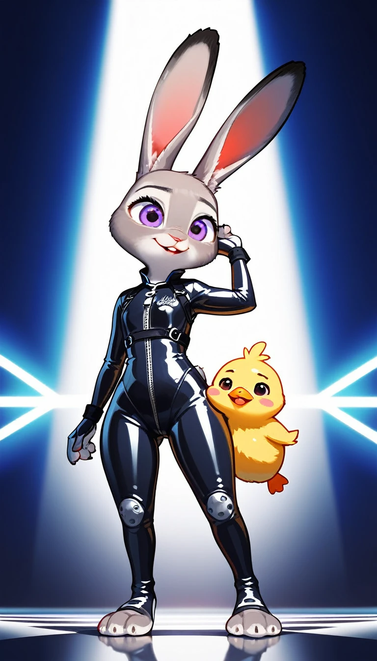 Judy hopps from Zootopia, Judy hopps,animation, Highest quality, Highest quality, High quality illustrations, masterpiece, Ultra-high resolution, Detailed Background, cyber-, Absurd, Perfect Anatomy, performance, Good lighting, Shadows in the movies(kemono, Furry PersonifiCation), rabbit, bunny, Rubber suit, latex, neon, neonライト, neonカラー, Racing Suits, Bodysuits, Harness, Leather Half Jacket,chick, Zootopia , thick body, Thick,