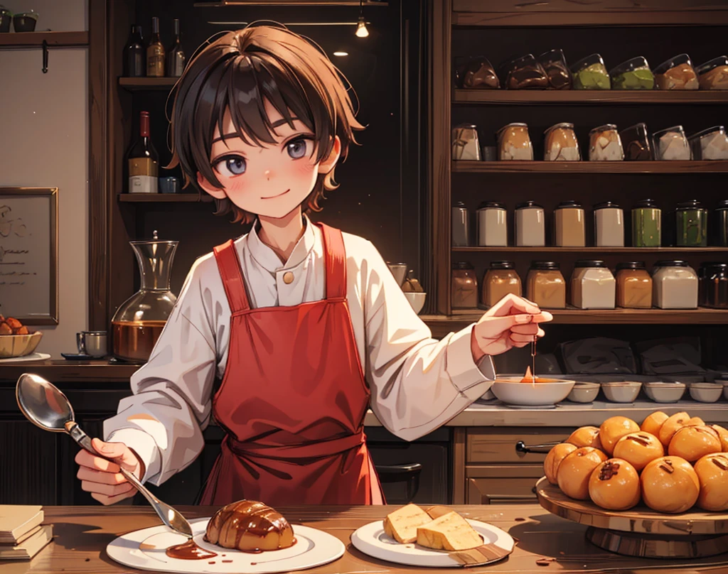 " Confectioner notices the simple villager ( boy) , smirking slyly."