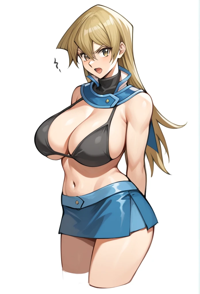 score_9,score_8_up,score_7_up,1girl, arm_behind_back, blonde_hair, brown_eyes, cropped_torso, bikini, hair_between_eyes, highres, huge_breasts, simple_background, sketch, solo, straight_hair, tenjouin_asuka, turtleneck, very_long_hair, white_background,  huge , big breast, sexy, mini skirt, sexy legs, angry, open mouth, 