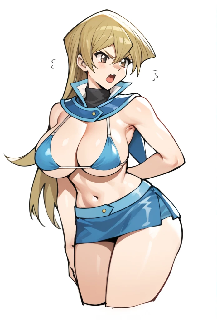 score_9,score_8_up,score_7_up,1girl, arm_behind_back, blonde_hair, brown_eyes, cropped_torso, bikini, hair_between_eyes, highres, huge_breasts, simple_background, sketch, solo, straight_hair, tenjouin_asuka, turtleneck, very_long_hair, white_background,  huge , big breast, sexy, mini skirt, sexy legs, angry, open mouth, 