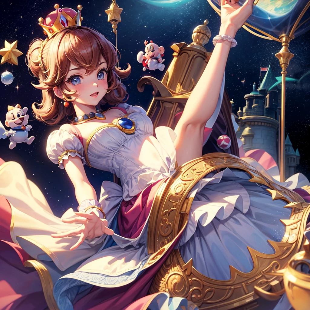 ((Daisy)), (masterpiece:1.2, best quality), realistic, (real picture, intricate details, depth of field), ((solo:1.2)), highly-detailed, gorgeous perfect face, (skindentation), thick thighs, (wide hips), average waist, tall, ((short brown hairs)), beautiful dark green eyes, (((short orange dress))), off shoulder, ((orange u-neck)), high heels, wearing golden crown, blushing, looking at viewer, confident smile, toned body, ((floating in space)), wide dress hiding figure, breast expansion,
