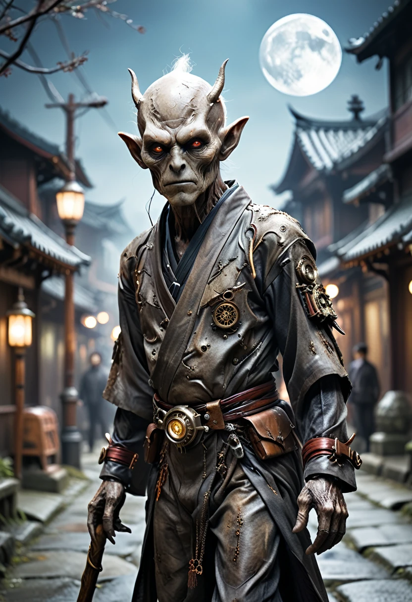 Steampunk night city、Full moon in the sky、Brilliant Light、Horror-themed movie stills,、A short, big-headed man of about 80 years old,Walk over here、Alien-like head 、Have a walking stick、No horns、Head enlargement（Head size 1:9）、(Full body portrait:1.3), Nurarihyon、I'm wearing a kimono, Shallow depth of field, Vignette, Very detailed, High budget, Bokeh, CinemaScope, Sulky, amazing, nice, Film Grain, granular . Creepy, Anxious, dark, Creepyな, Suspenseful, strict, Very detailed