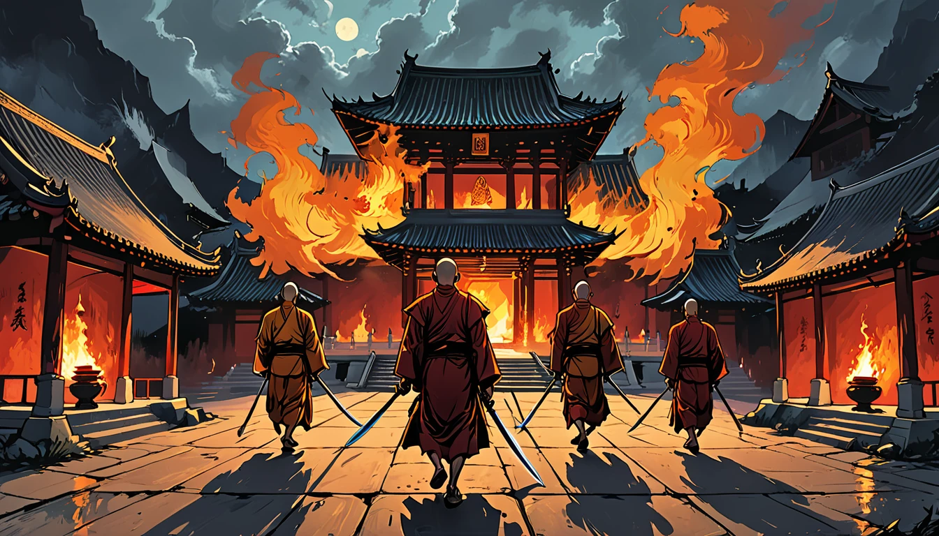 (graphic novel style, dark novel style, comic style, 2d:1.5), (hyperrealism, masterpiece:1.4), (colourful, soft cinematic light:1.1), incredibly lifelike, Extremely high-resolution details, 8k, (((side view))),
Many running monks with stakes surrounded, running Buddhist monks with stakes, in the courtyard of a Buddhist temple, outside, ((night)), Angry monks in kashaya,weapons in hands, spears, swords, fire, fight, fire temple,