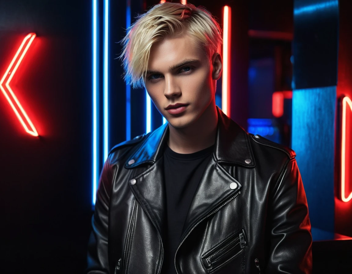 Hyper realistic, dark vibes, solo, young male fashion model, round face shape, 22 years, pale skin, blue eyes, (short cropped textured blond hair:1.1), tussled side swept fringe, black leather jacket, (holding knife:1.1), dark lighting, in luxury night club room, (smirk:1.1), (red neon sign in background that says "CONTEXT":1.1)